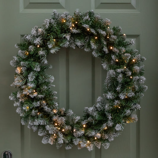 60cm Snow Tipped Christmas Wreath with 50 Warm White LEDs and 160 Bullet Tips 