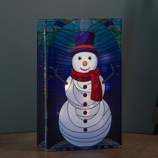 21cm Battery Operated Light up Double Sided Stained Glass Snowman Decoration with LEDs