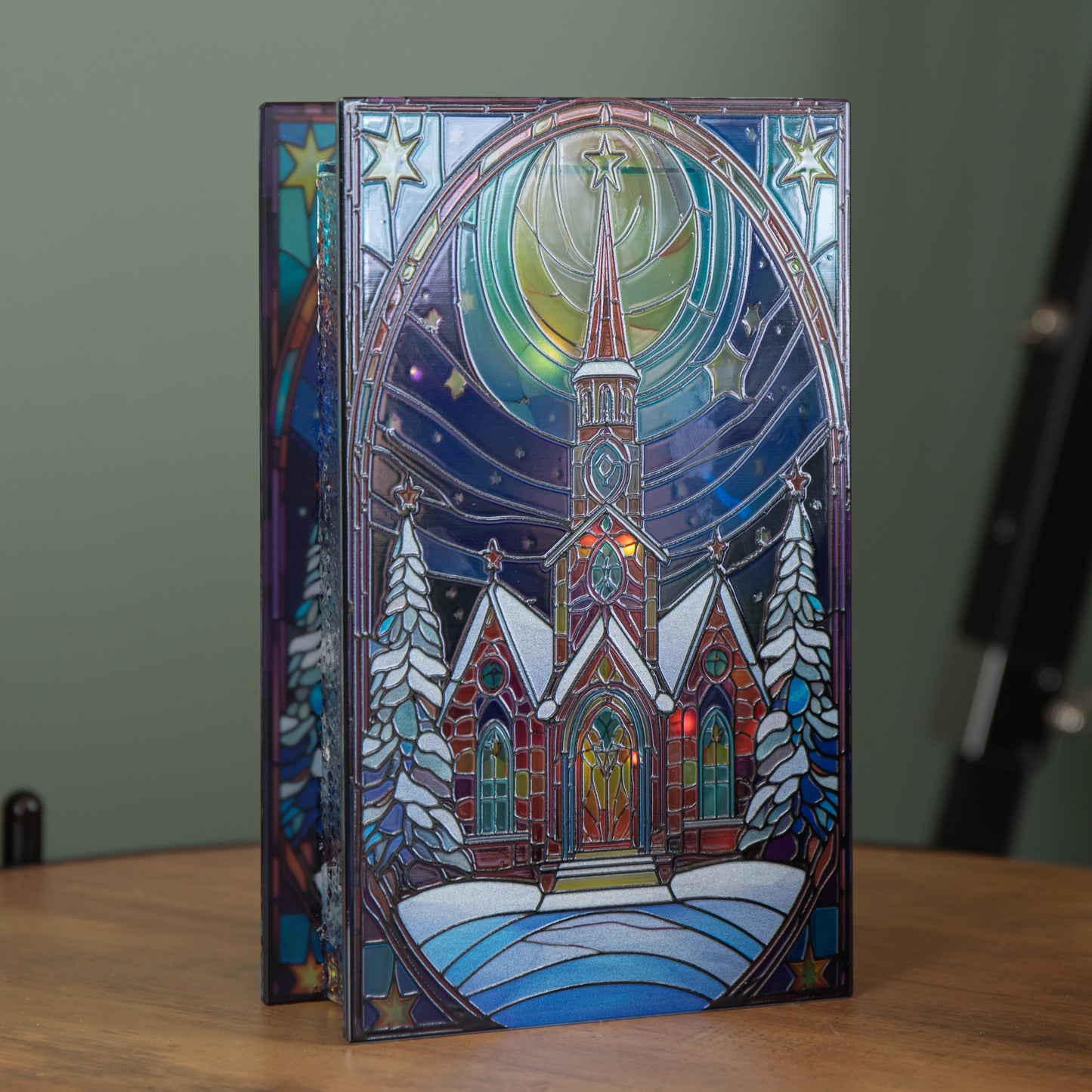 21cm Battery Operated Light up Stained Glass Christmas Decoration with Church Scene & Warm White LEDs