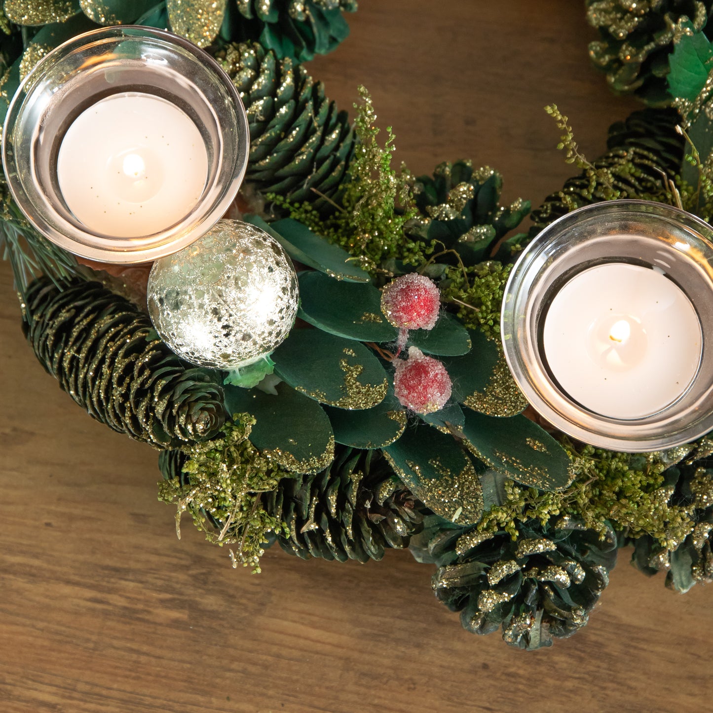 33cm Christmas Bauble Quartet Candle Holder with Pinecones and Red Berries