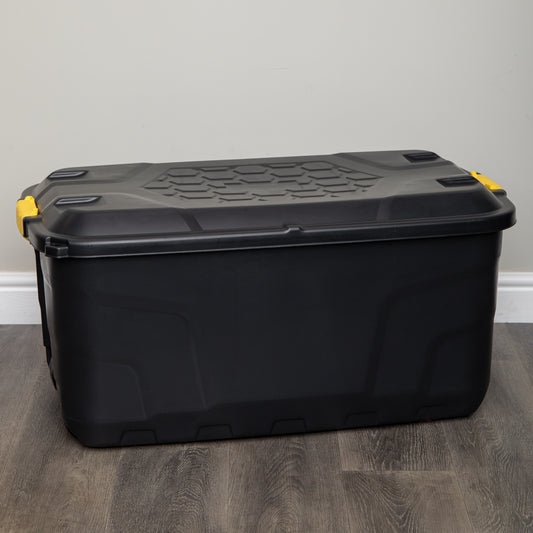 145L Heavy Duty Lockable & Stackable Storage Tub Chest on Wheels with Clips in Black