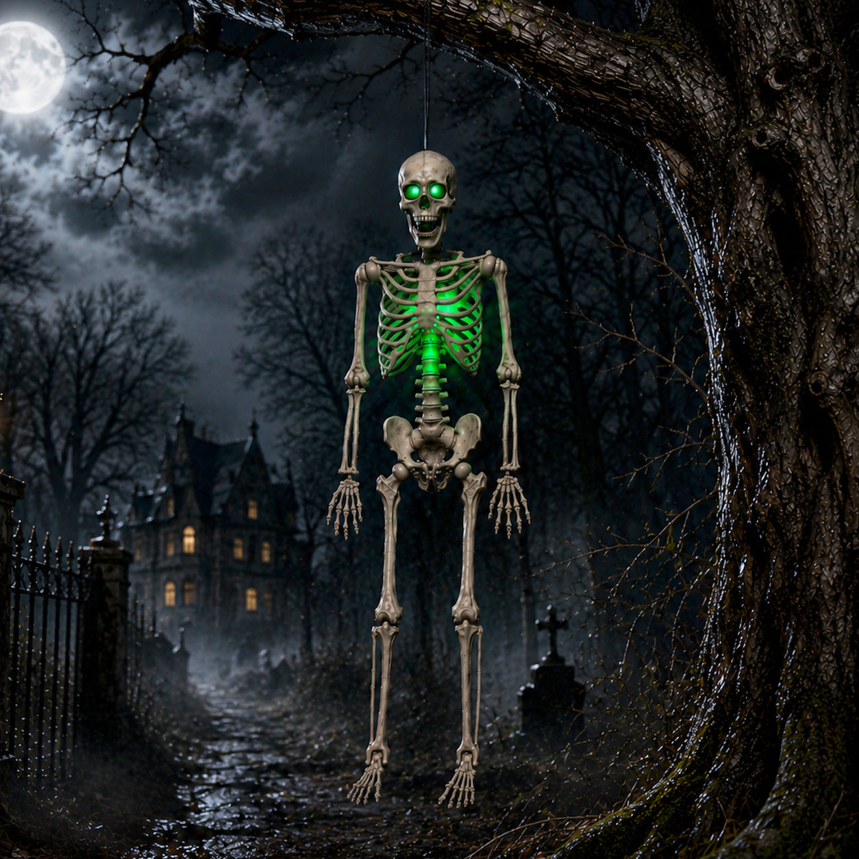 5ft (152cm) Battery Powered Light up Halloween Skeleton with Poseable Joints & Green LEDs