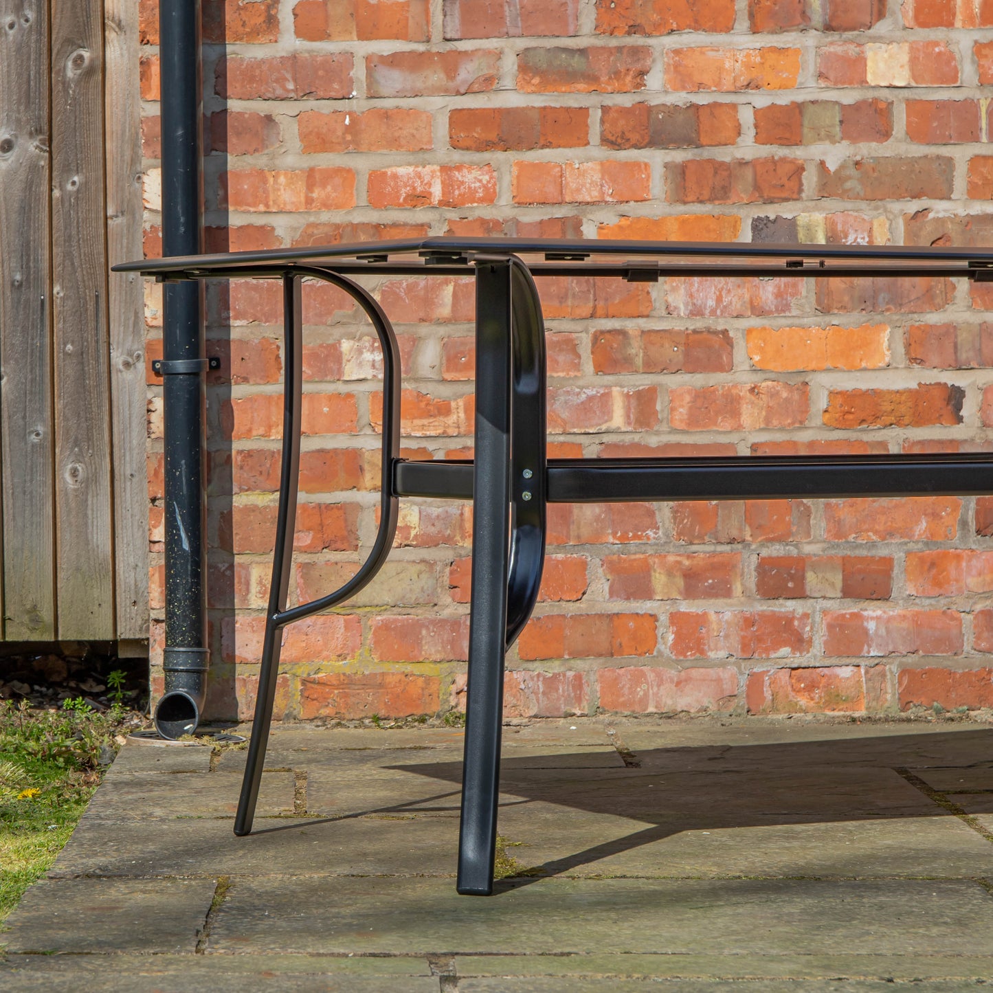 6 Person Rectangular Black Garden Patio Table with Glass Top & Parasol Hole