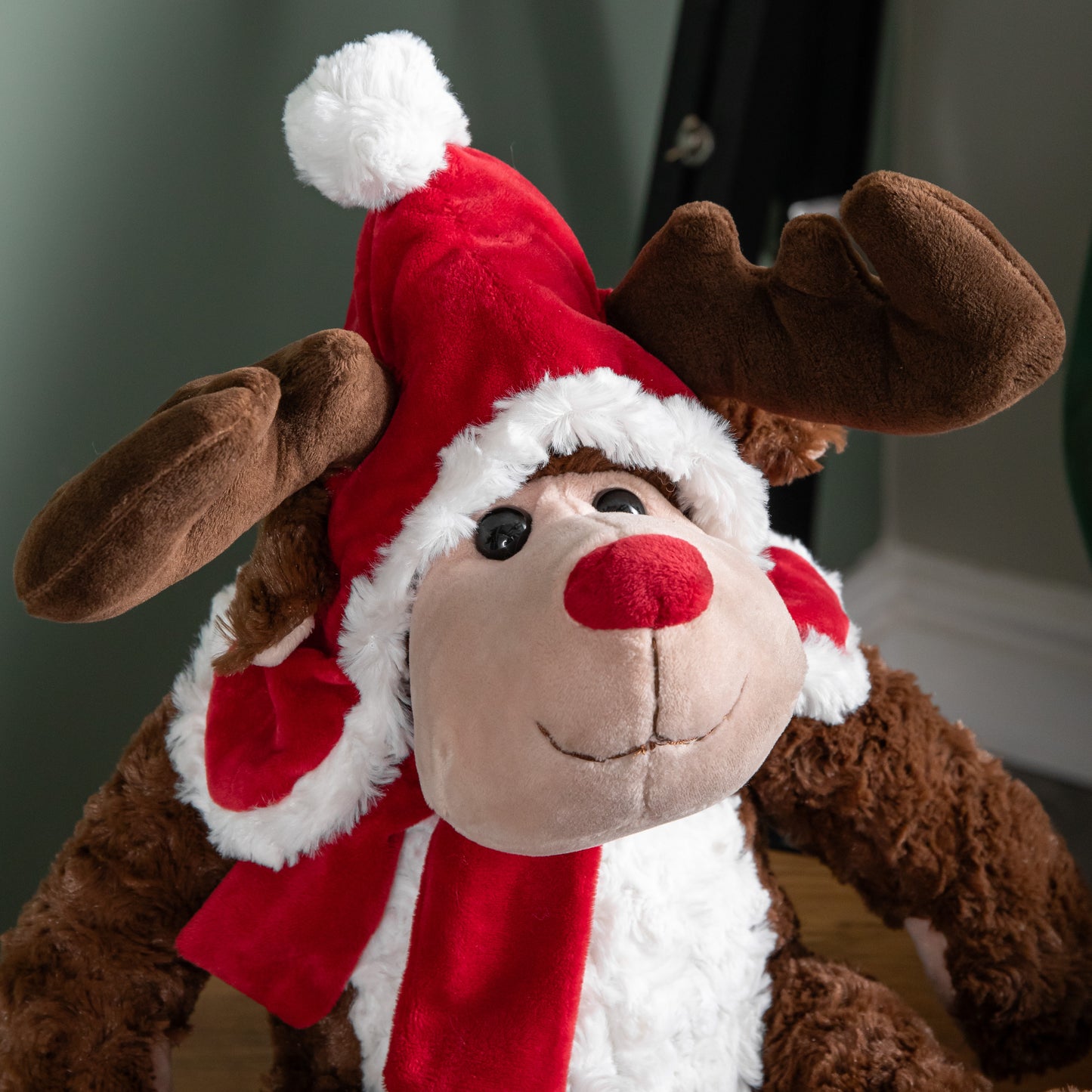 30cm Sitting Plush Christmas Reindeer with Red Hat & Scarf