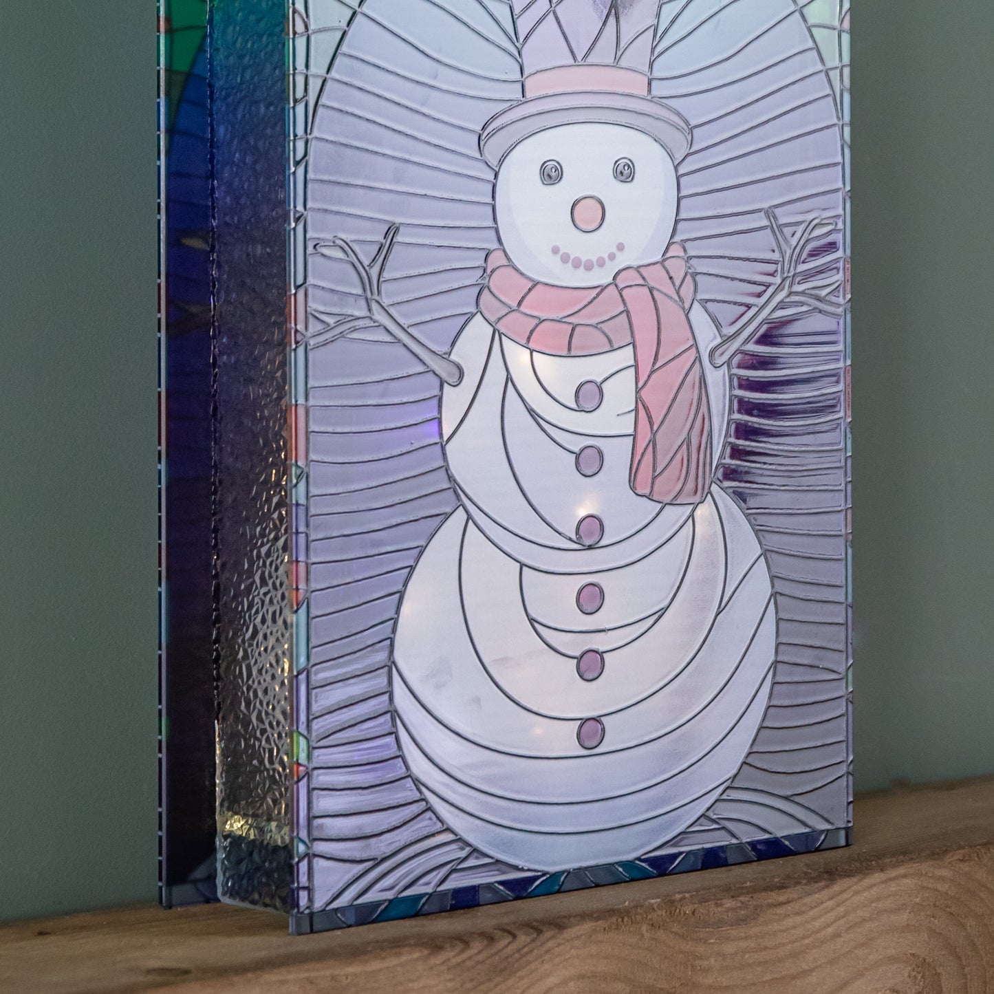 28cm Battery Operated Light up Double Sided Stained Glass Snowman Decoration with LEDs