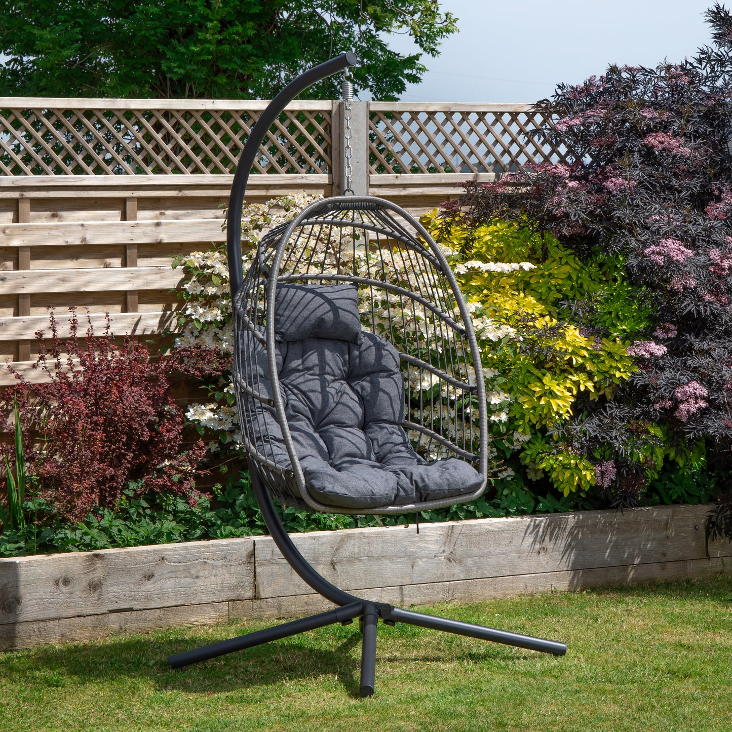 Grey Hanging Egg Chair With Stand & Waterproof Cover
