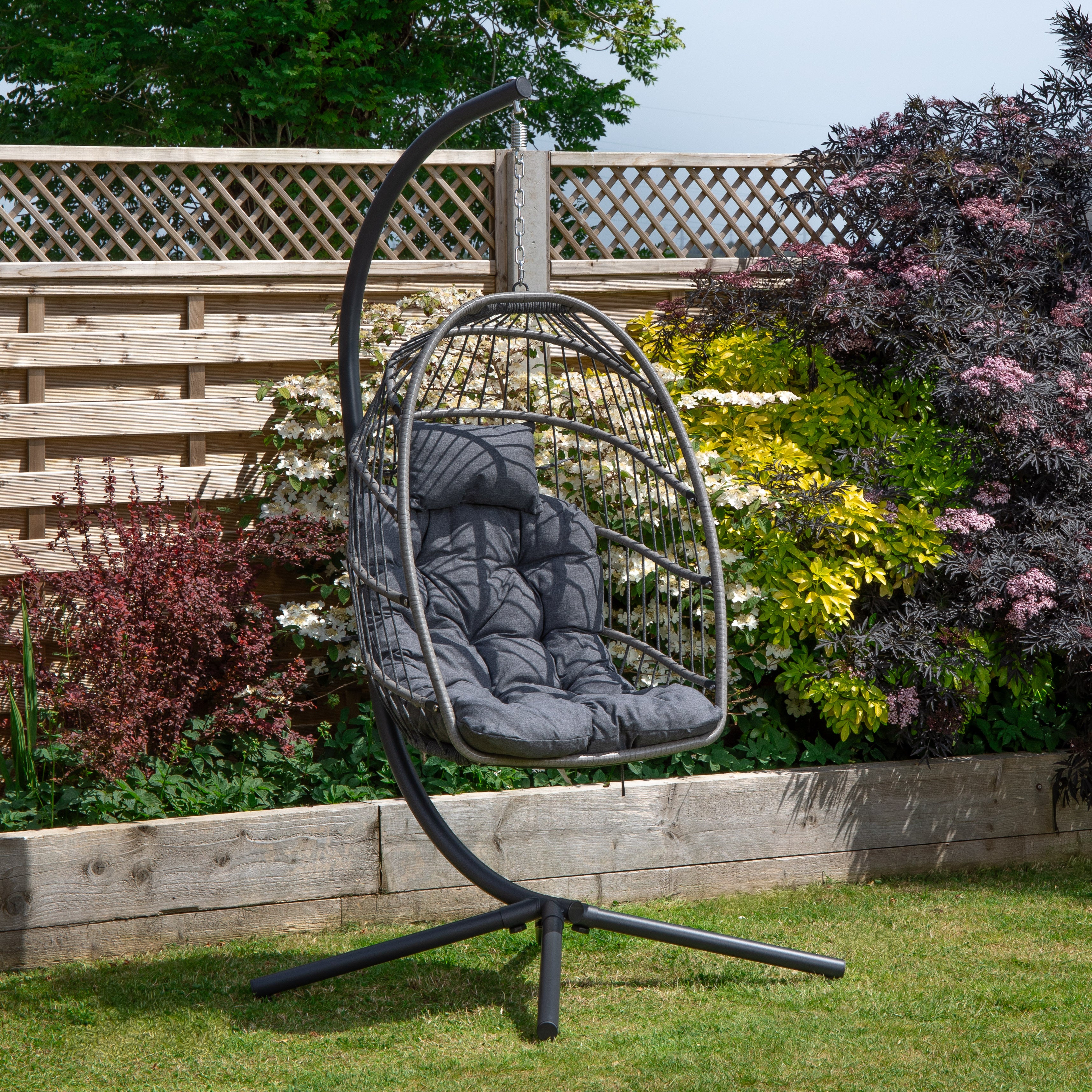 Grey Hanging Egg Chair With Stand & Waterproof Cover