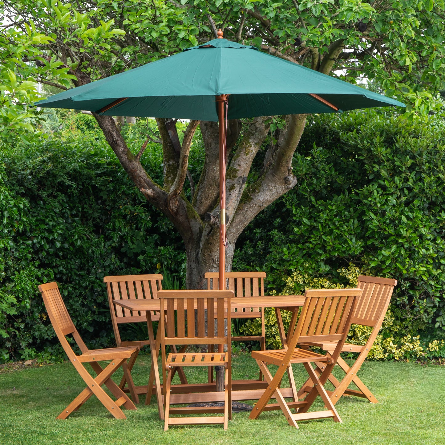 Outdoor 6 Person Folding Rectangular Wooden Garden Dining Table Chairs Parasol and Base set