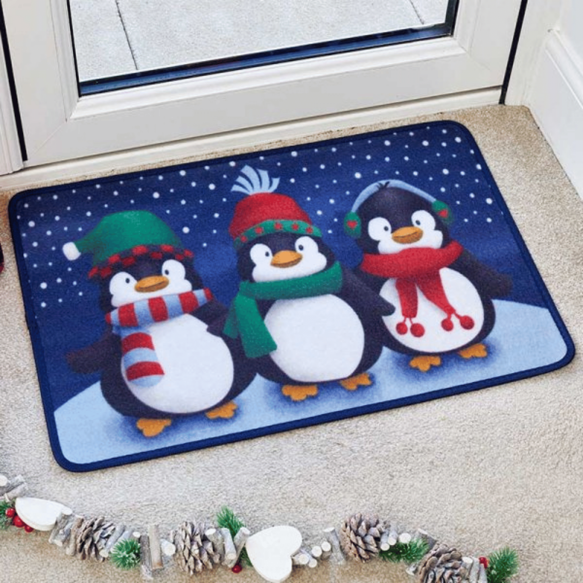 60cm x 40cm Frosty Penguins Fabric Christmas Doormat