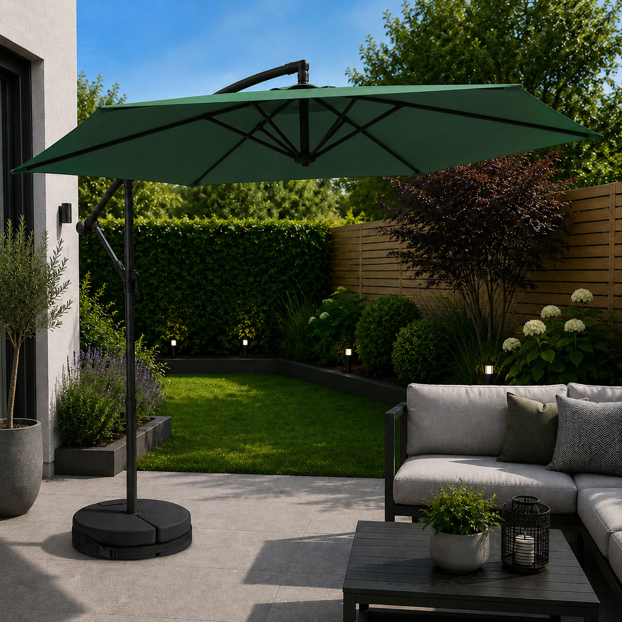 3m Cantilever Banana Garden Parasol with Crank Handle in Green with Base Bag Included