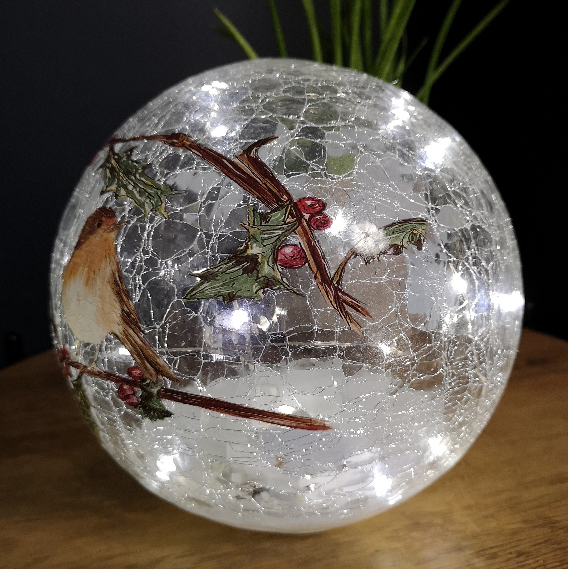 20cm Festive Christmas Crackle Effect Glass Robin LED Light Ball