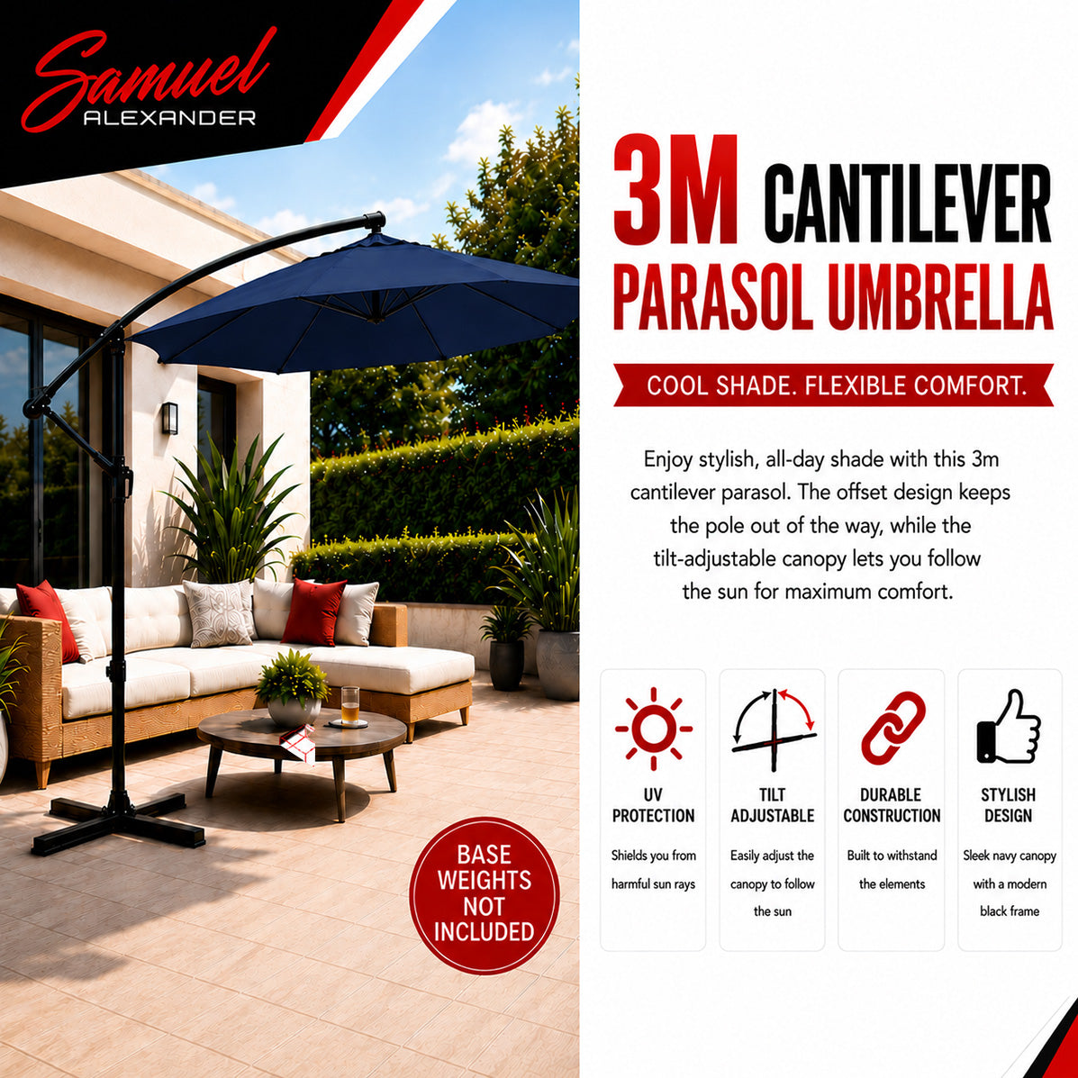 3m Hanging Banana Cantilever Garden Parasol with Cover in Blue