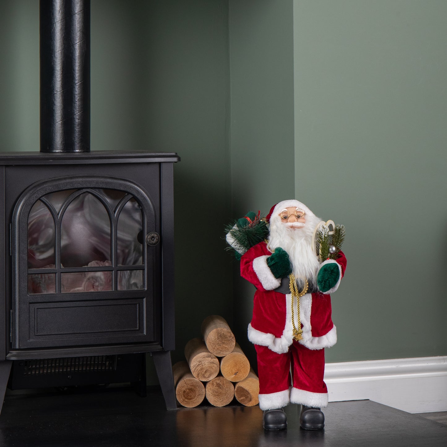 45cm Tall Standing Santa Claus Christmas Decoration with Green Sack