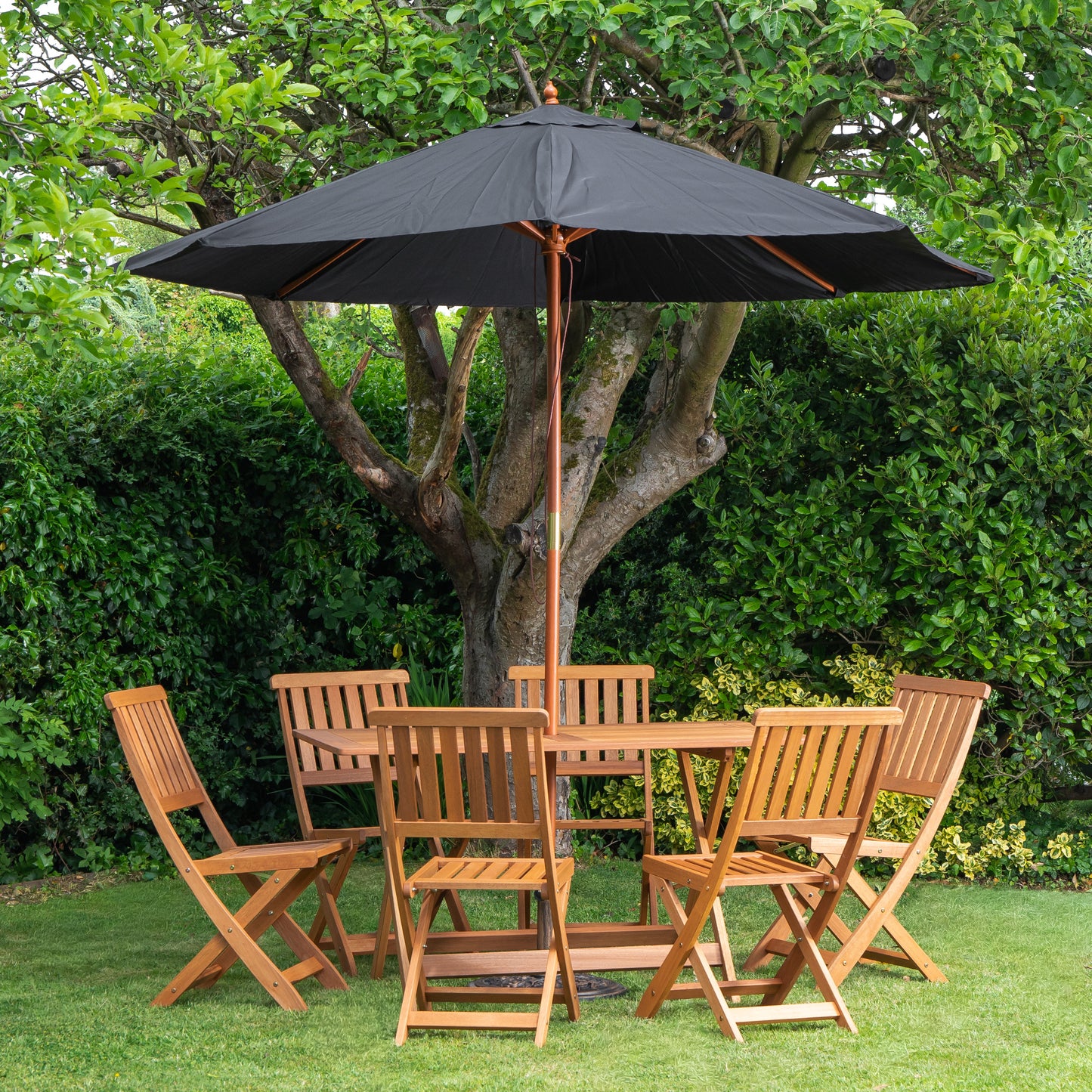 Outdoor 6 Person Folding Rectangular Wooden Garden Dining Table Chairs Parasol and Base set