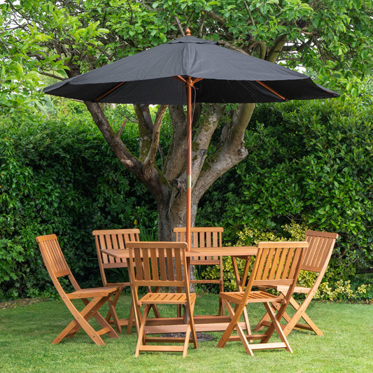 Outdoor 6 Person Folding Rectangular Wooden Garden Dining Table Chairs Parasol and Base set