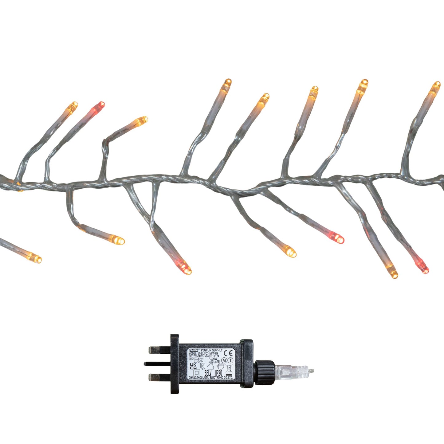 9.3m 720 LED Christmas Cluster String Lights with Timer in Vintage Gold & Red on Clear Cable