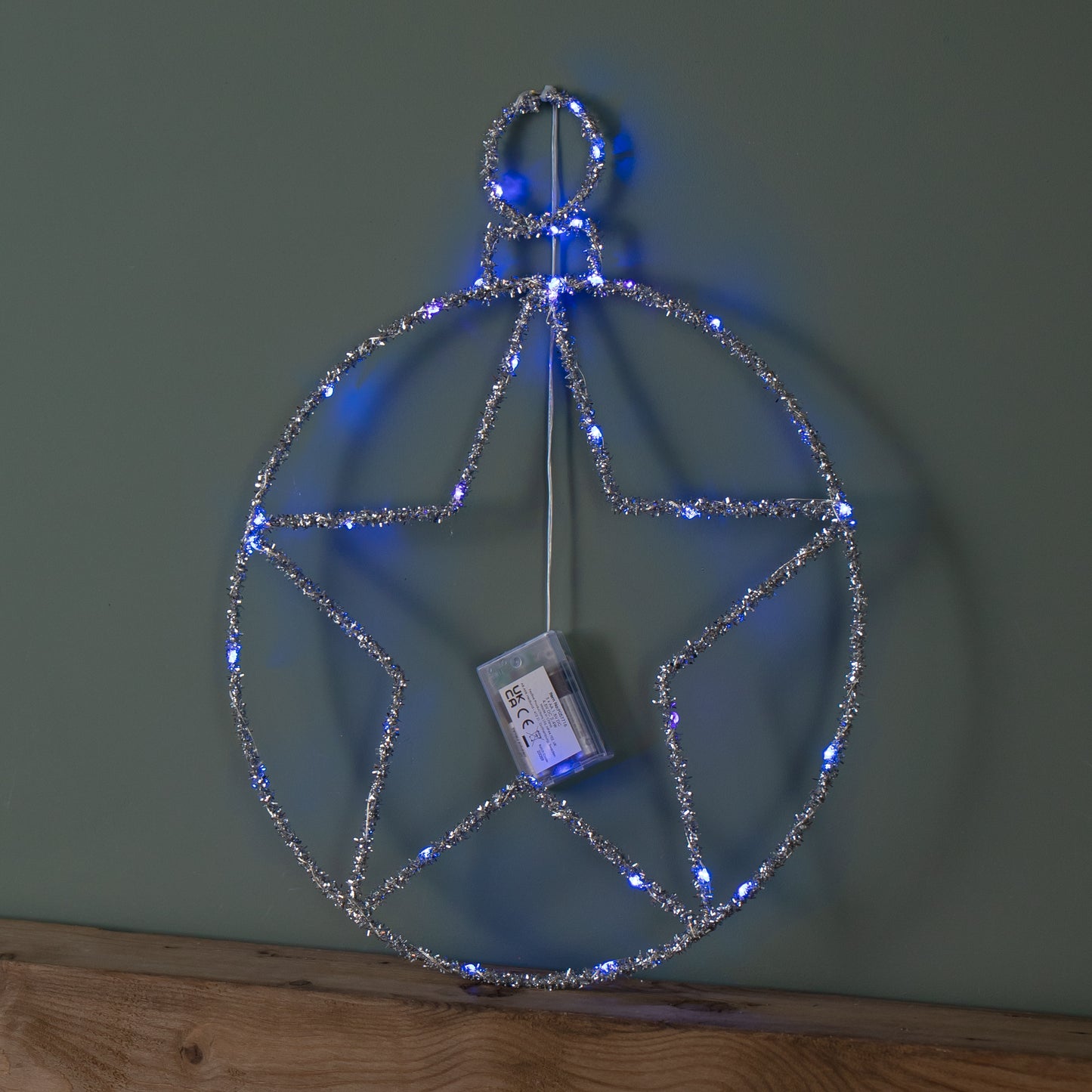 49cm Battery Powered Light up Christmas Silver Star Ball with Twinkling Blue LEDs