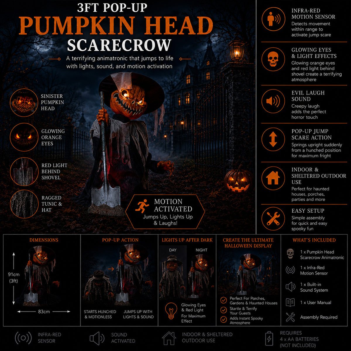 Factory Seconds: 3ft Tall Pop-up Pumpkin Scarecrow Halloween Animatronic Decoration with LEDs