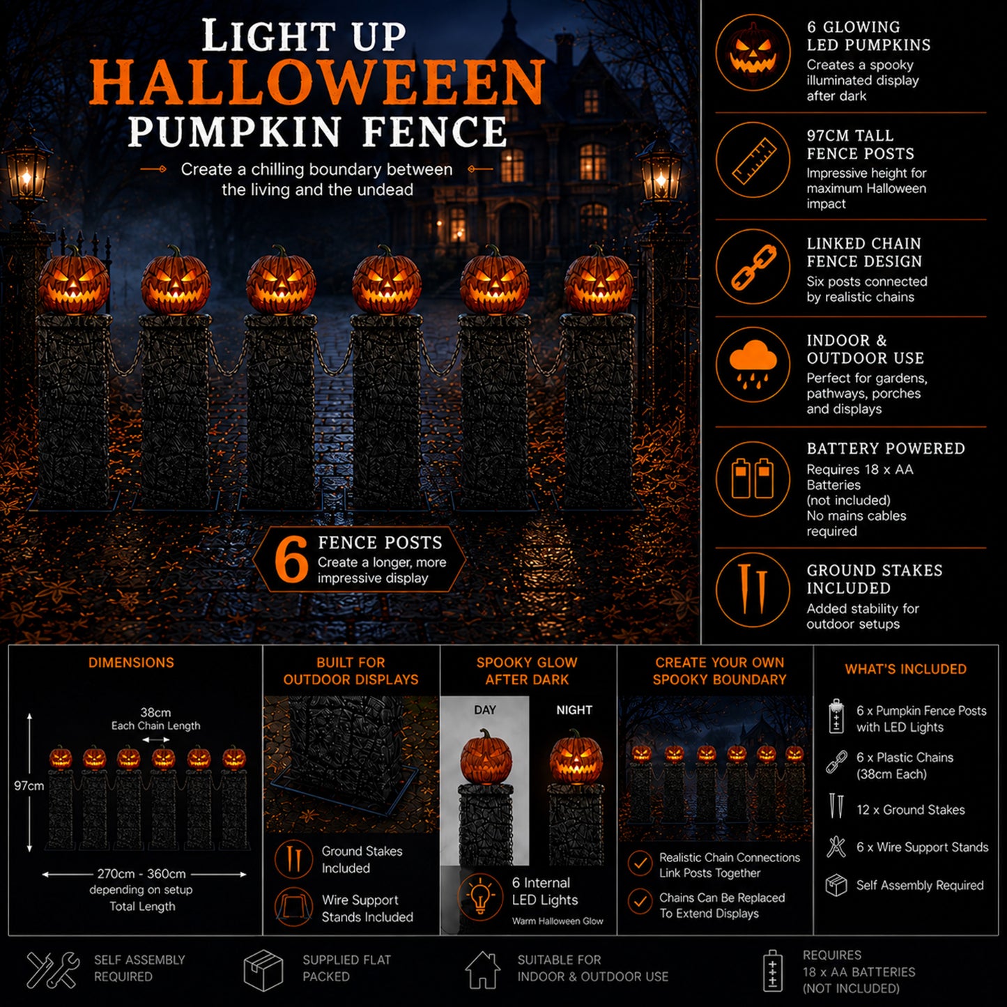 Pack of 2: 97cm x 1.2m Battery Powered Light up Halloween Pumpkin Fence with LEDs