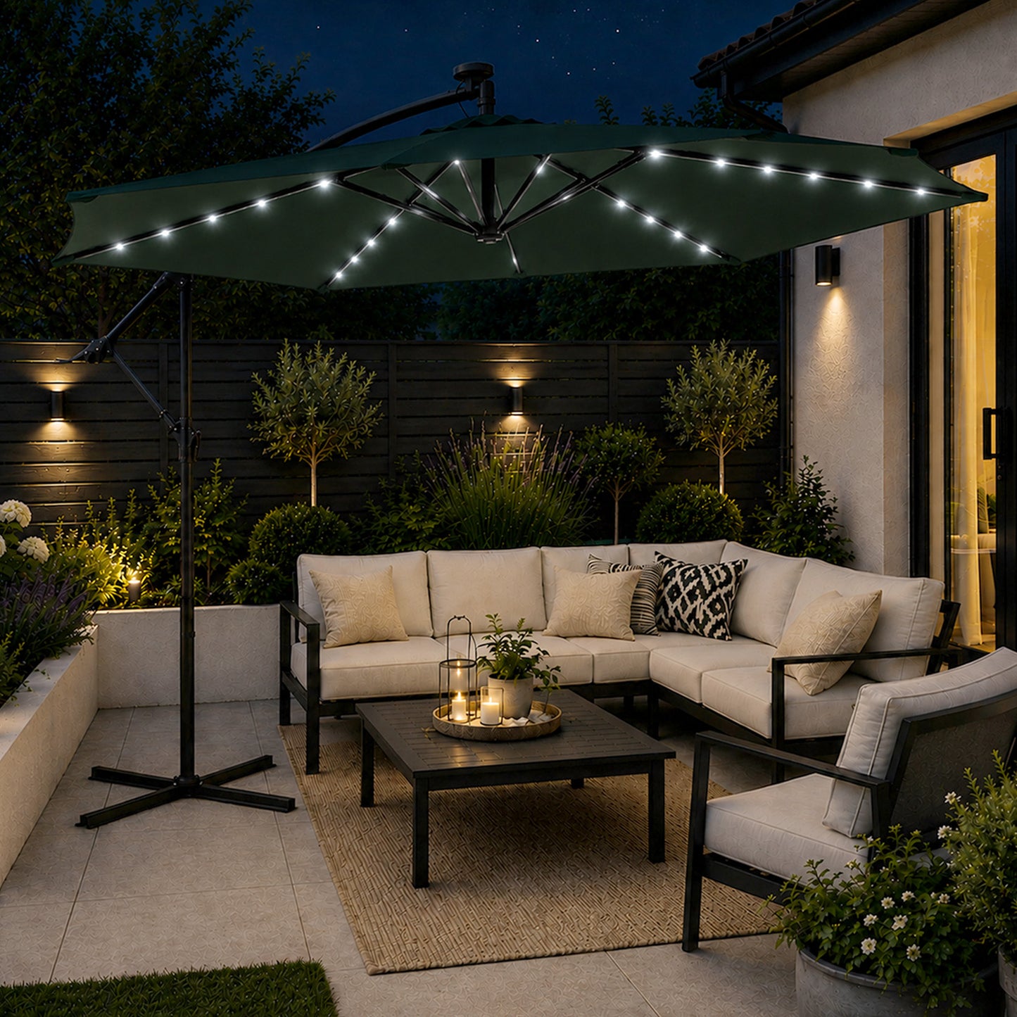 Choice of Colour 3m Hanging Banana Cantilever Garden Lit Parasol with Cover