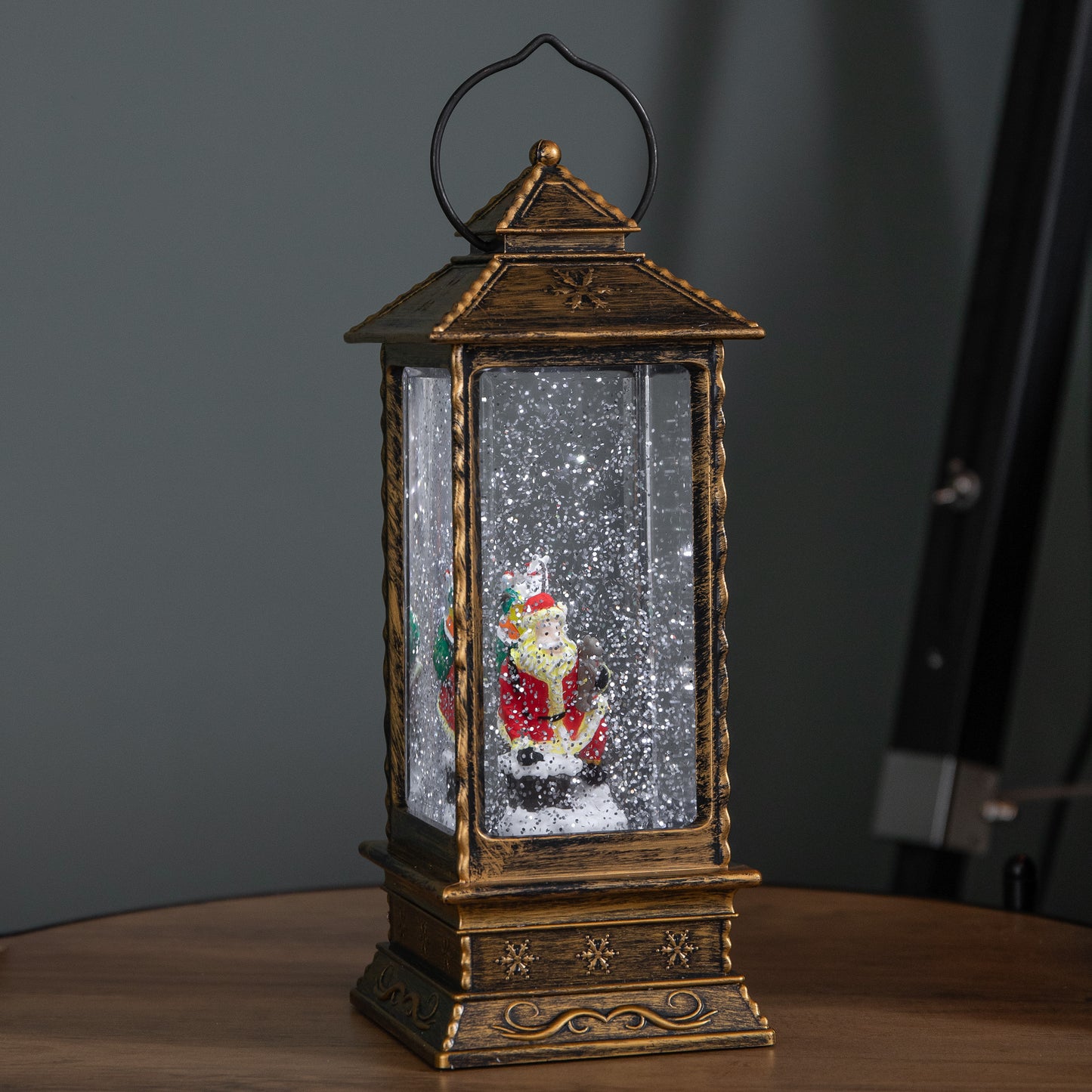 27cm Dual Powered Light up Antique Lantern Christmas Water Spinner with Santa Scene