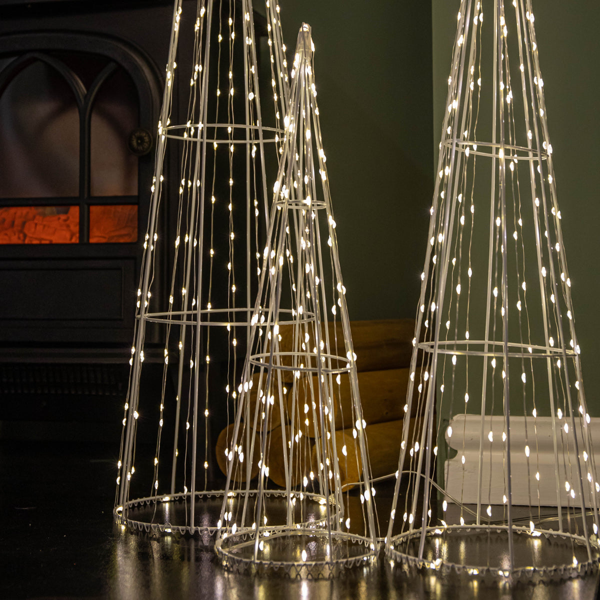 Set of 3 Light up White Metal Dewdrop Christmas Cone Trees with Warm White LEDs
