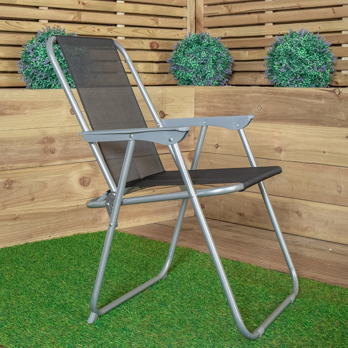 4 x Foldable Garden Chairs Fixed position garden chairs with grey frame and black fabric
