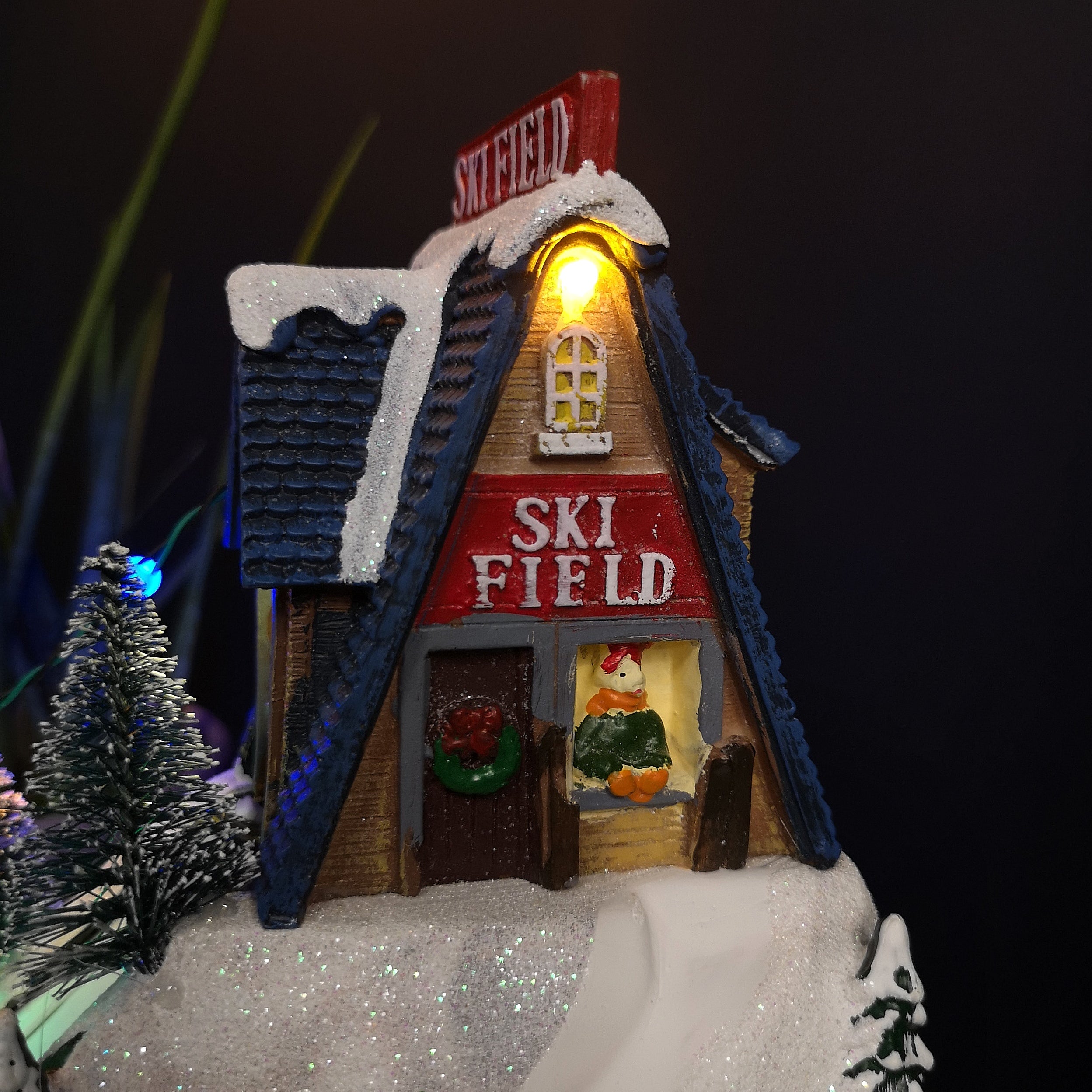 29cm Light up Animated Snowy Ski Field Christmas Mountain Village Scene with LEDs