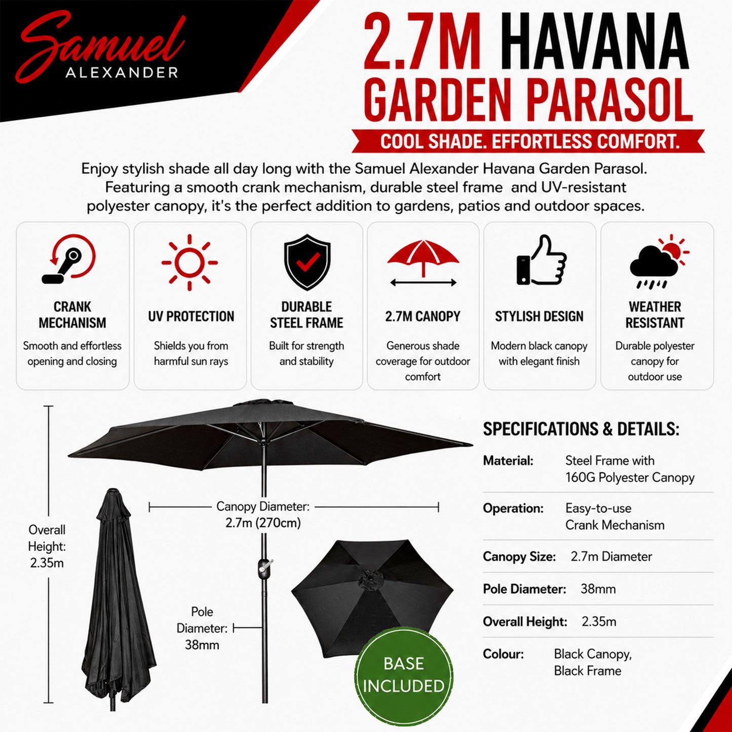 2.7m Havana Garden Patio Parasol with Crank Handle in Black with 9kg Base Included