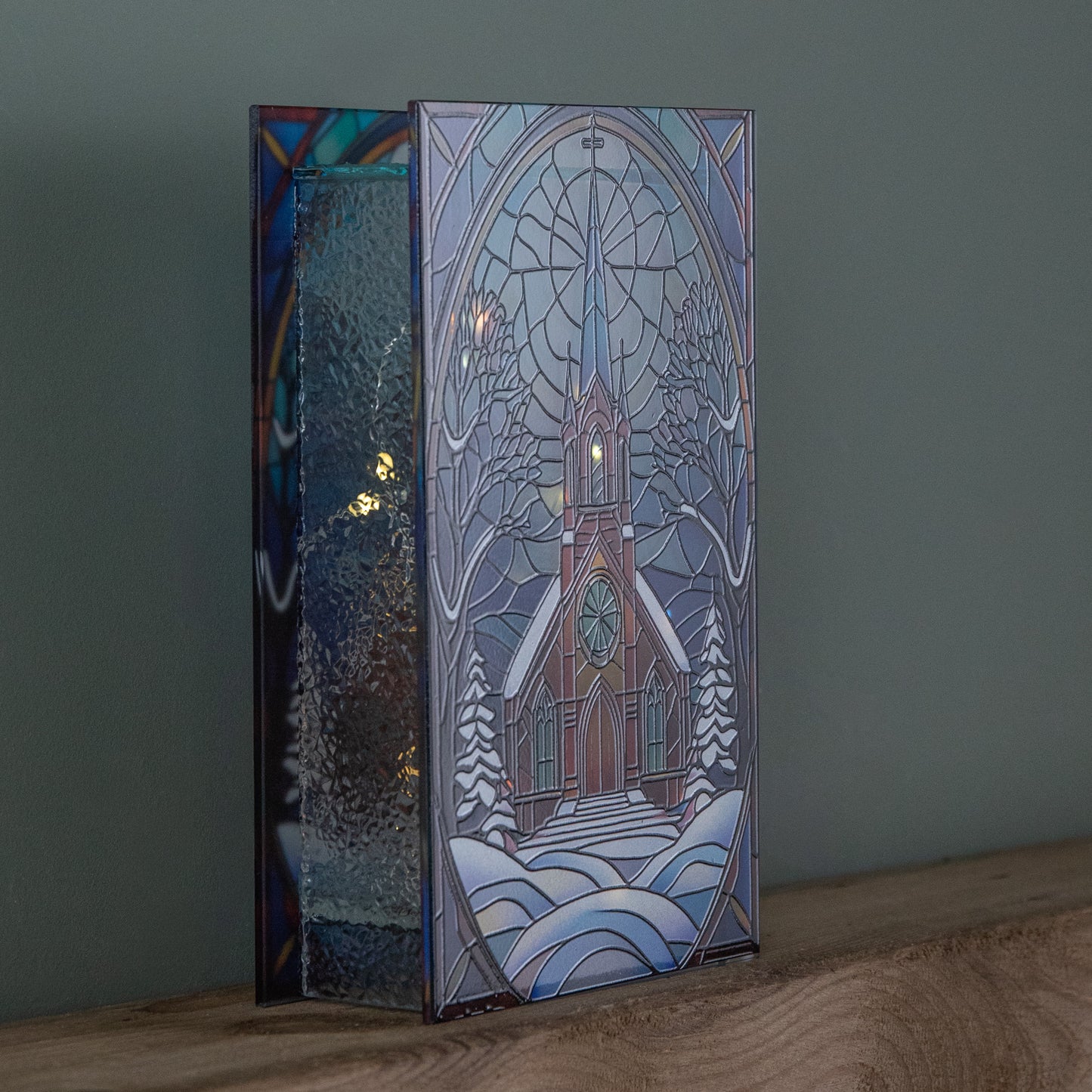 21cm Battery Operated Light up Double Sided Stained Glass Victorian Church Decoration with LEDs