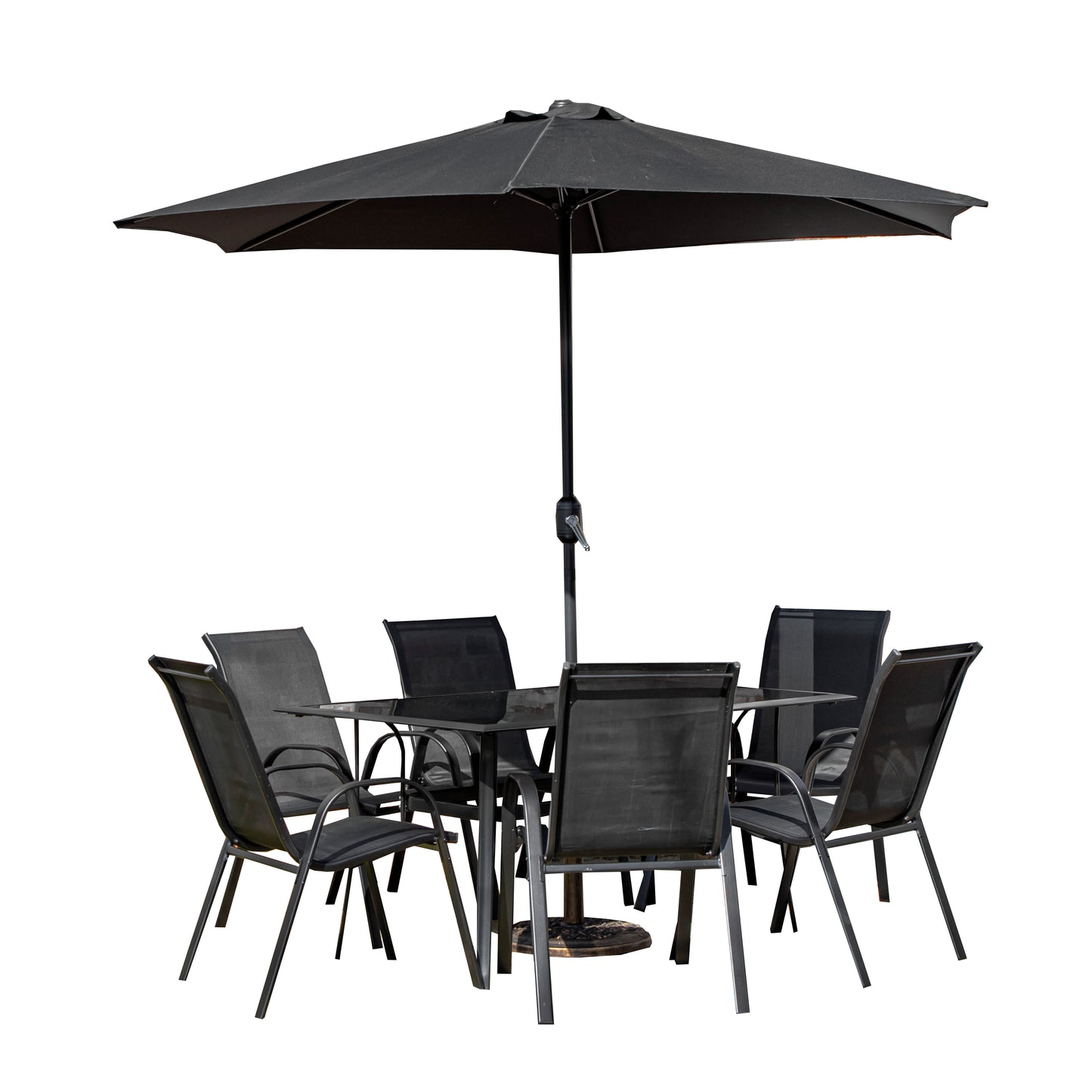 Outdoor 6 Person Rectangular Glass Top Garden Dining Table Chairs With Black Parasol and Base Set
