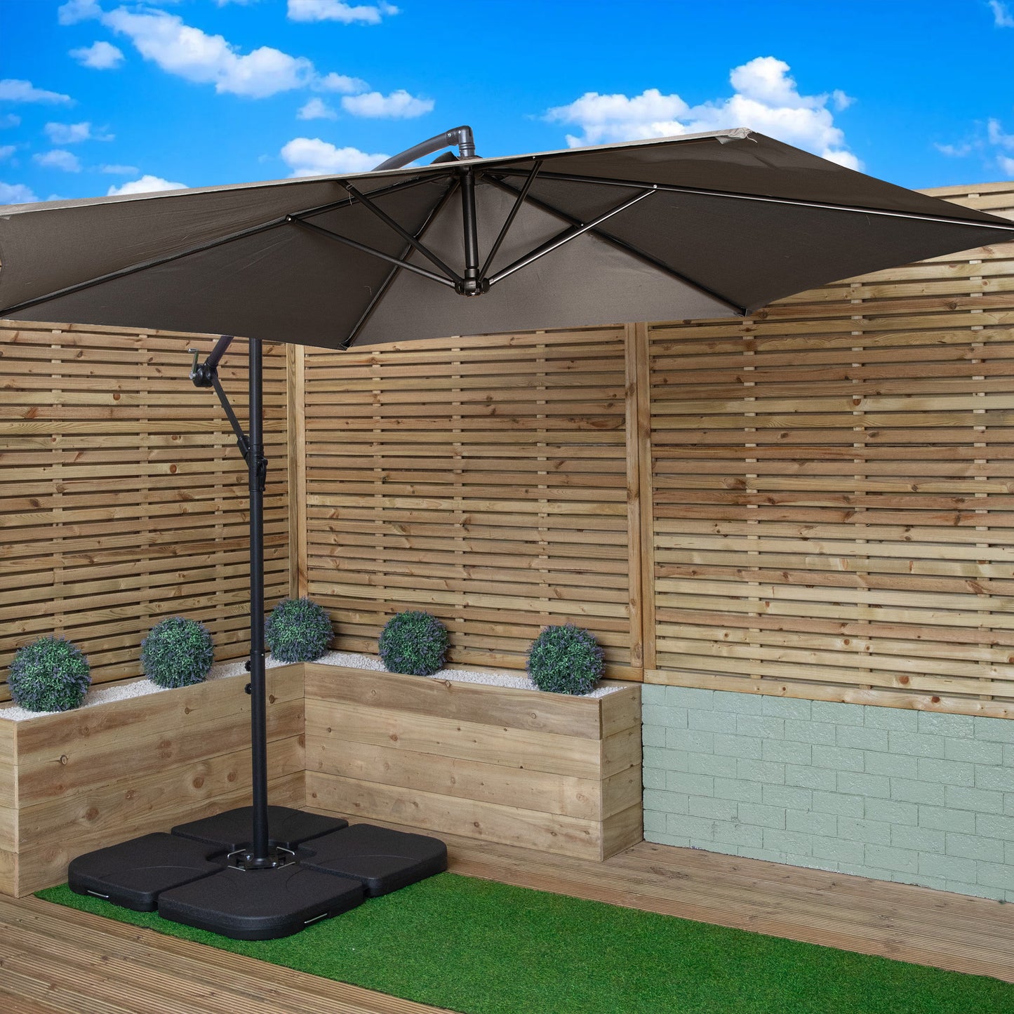 3m Cantilever Banana Garden Parasol in Grey with Crank Handle and Parasol Base Weights Included