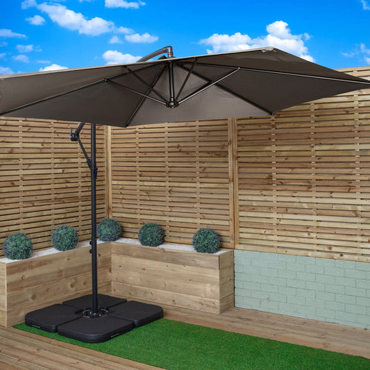 3m Cantilever Banana Garden Parasol in Grey with Crank Handle and Parasol Base Weights Included