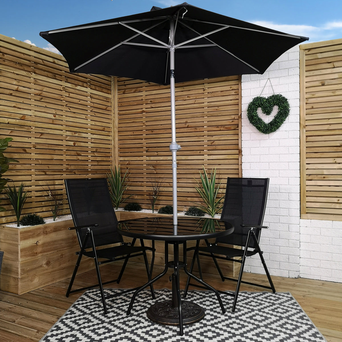 Outdoor 2 Person Round Glass Top Garden Patio Dining Table Chairs Black Parasol and Base Set