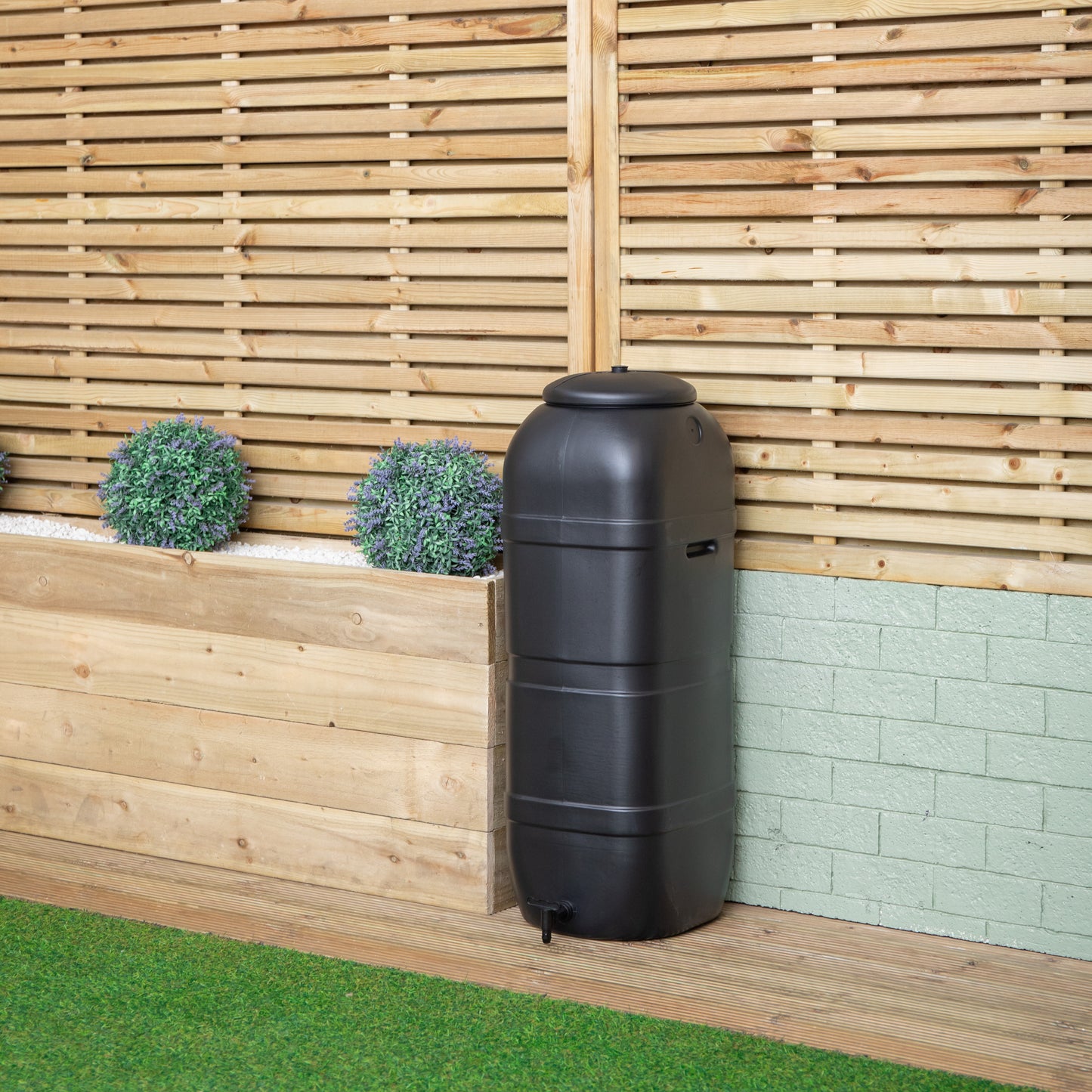 100L Slim Space Saver Water Butt With Lid & Tap Carry Handles in Black