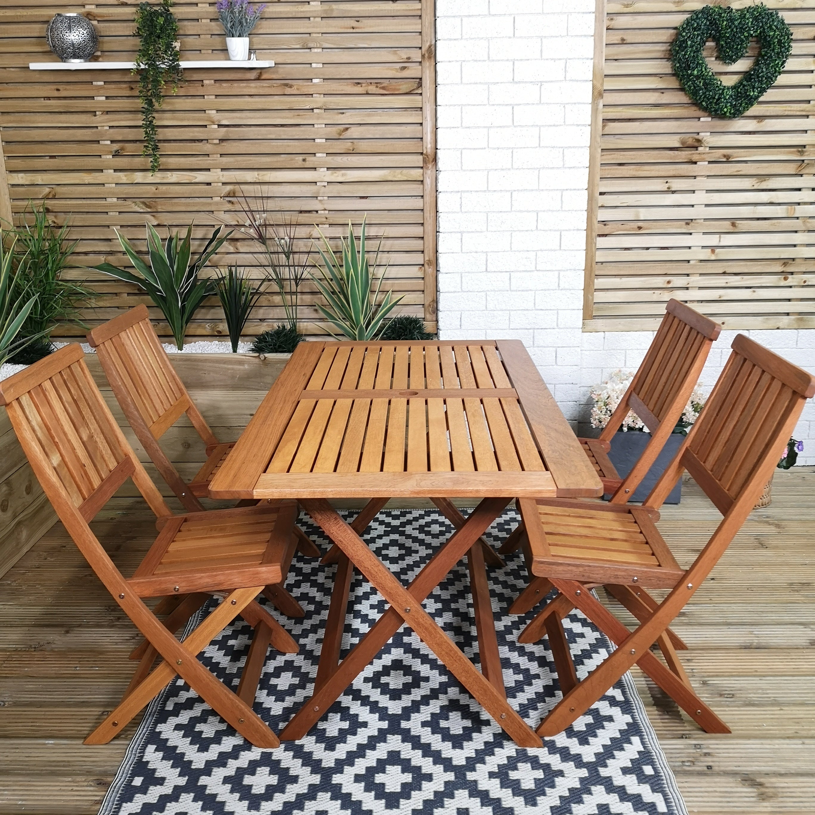 Outdoor 4 Person Folding Rectangular Wooden Garden Patio Dining Table Chairs Set 