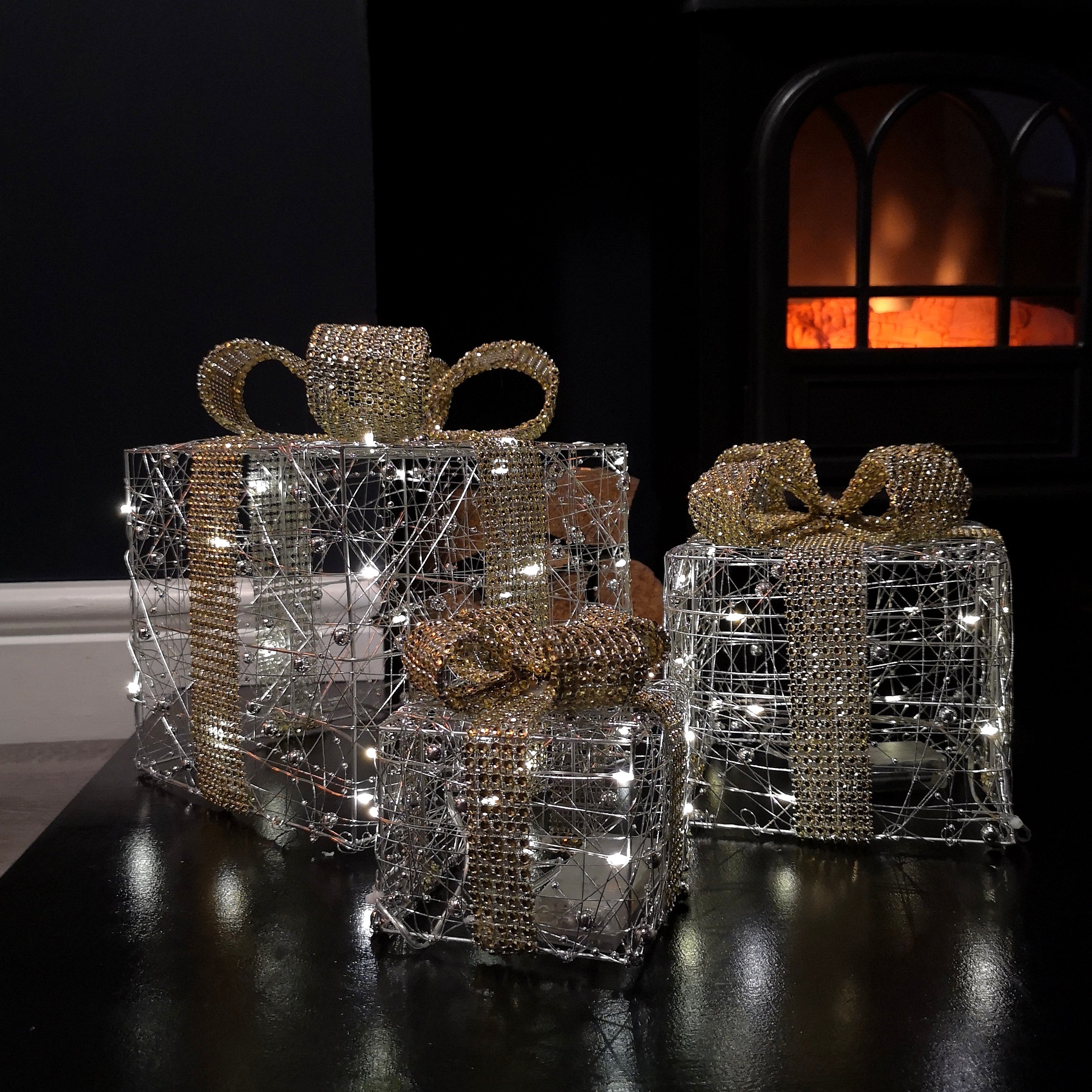 Set of 3 Battery Operated Silver Christmas Gift Boxes with LEDs