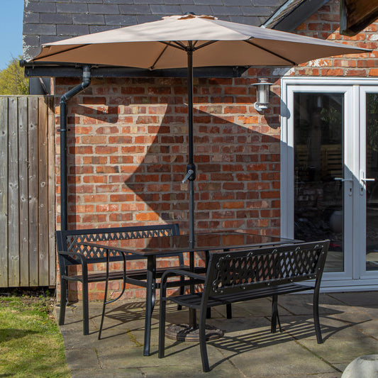 Outdoor 4 Person Rectangular Glass Top Garden Dining Table Benches With Beige Havana Parasol and Base Set