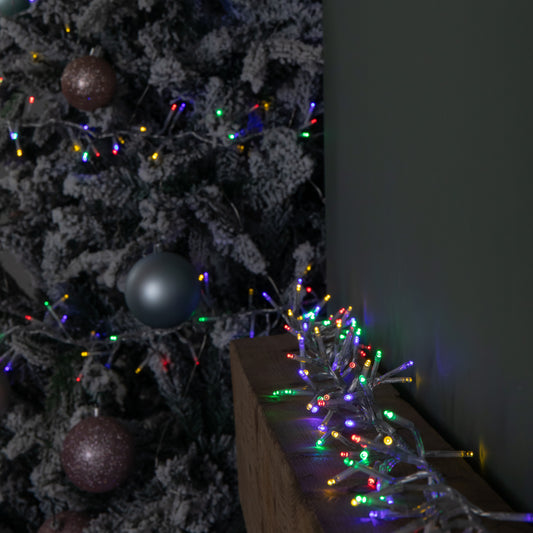 9.3m 720 LED Christmas Cluster String Lights with Timer in Multi-Coloured on Clear Cable
