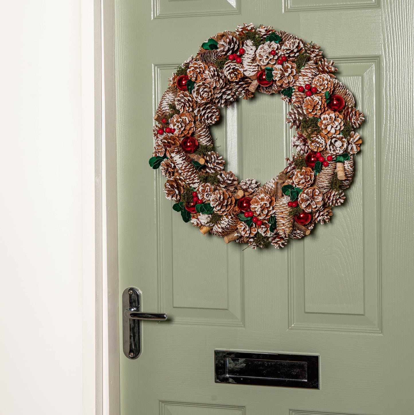 50cm Hanging Christmas YuleFest Wreath with Red Baubles & Snow Tipped Pine Cones