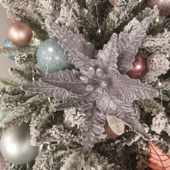 50cm Silver Velvet Poinsettia Stem with Glitter Christmas Decoration