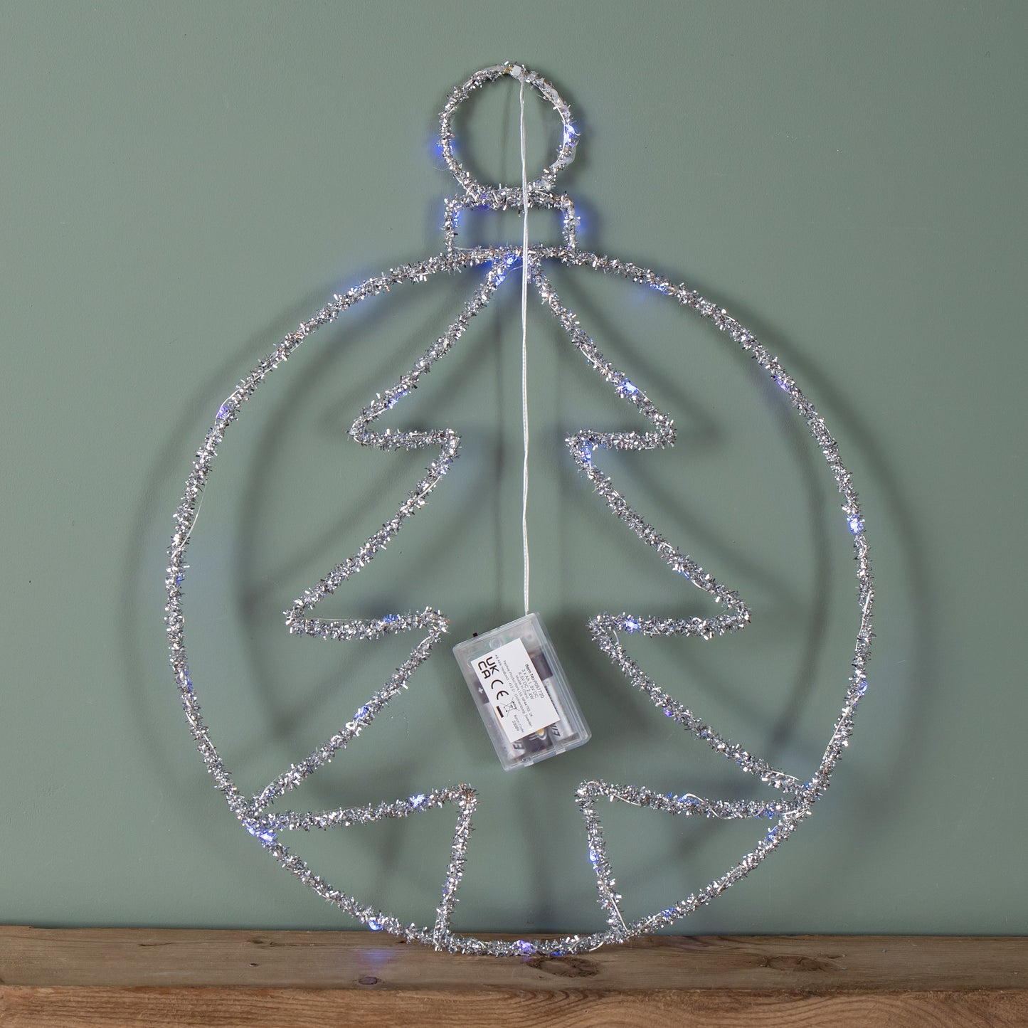 49cm Battery Powered Light up Christmas Silver Tree Ball with Twinkling Blue LEDs
