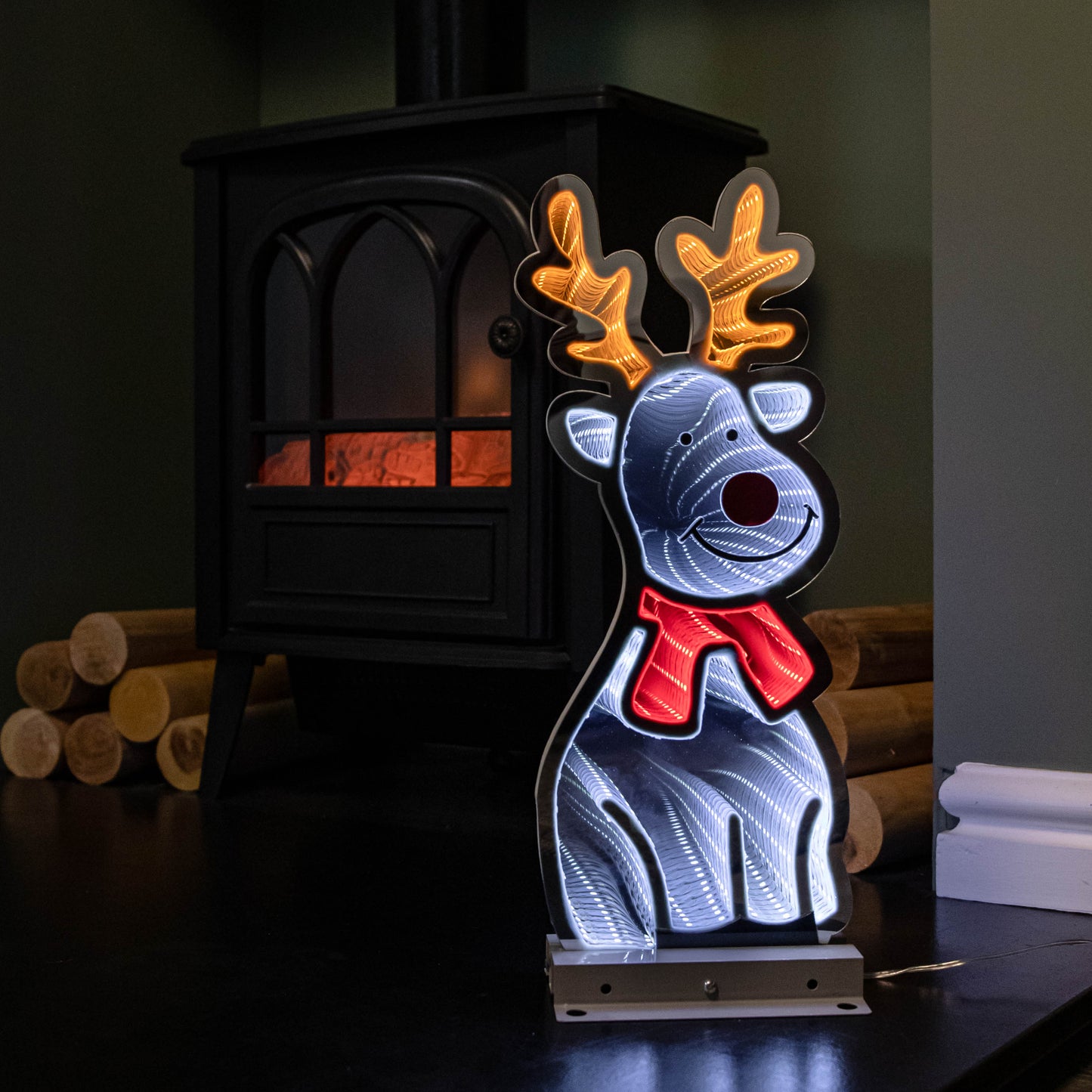 40cm Infinity Standing Christmas Reindeer with Metal Base, White and Red LEDs