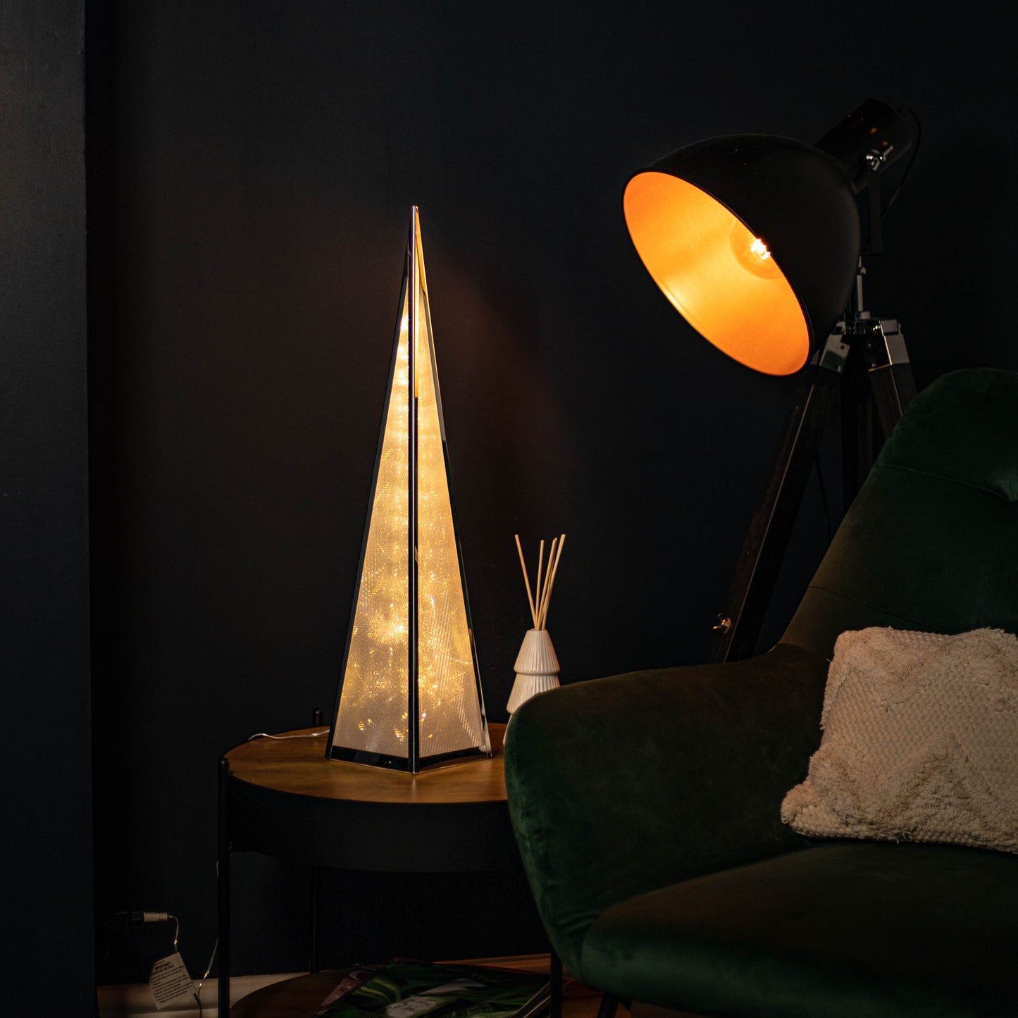 60cm Light up Silver Holographic Christmas Pyramid with 16 Warm White LEDs