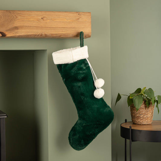 60cm Green Christmas Stocking with White Cuff and Pom Poms