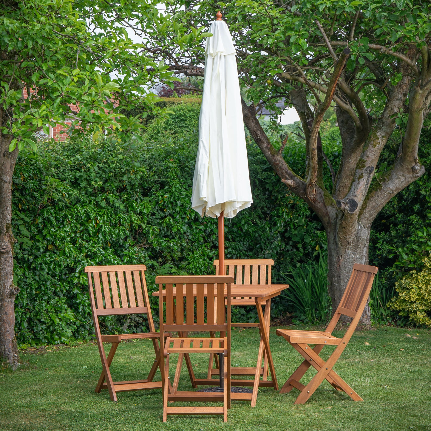 Outdoor 4 Person Folding Square Wooden Garden Dining Table Chairs Cream Parasol and Base Set