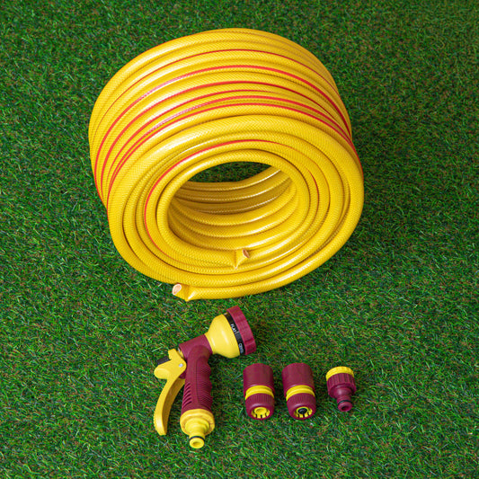 30m Yellow Reinforced Kink Resistant Garden Hose Pipe with Spray Gun Set