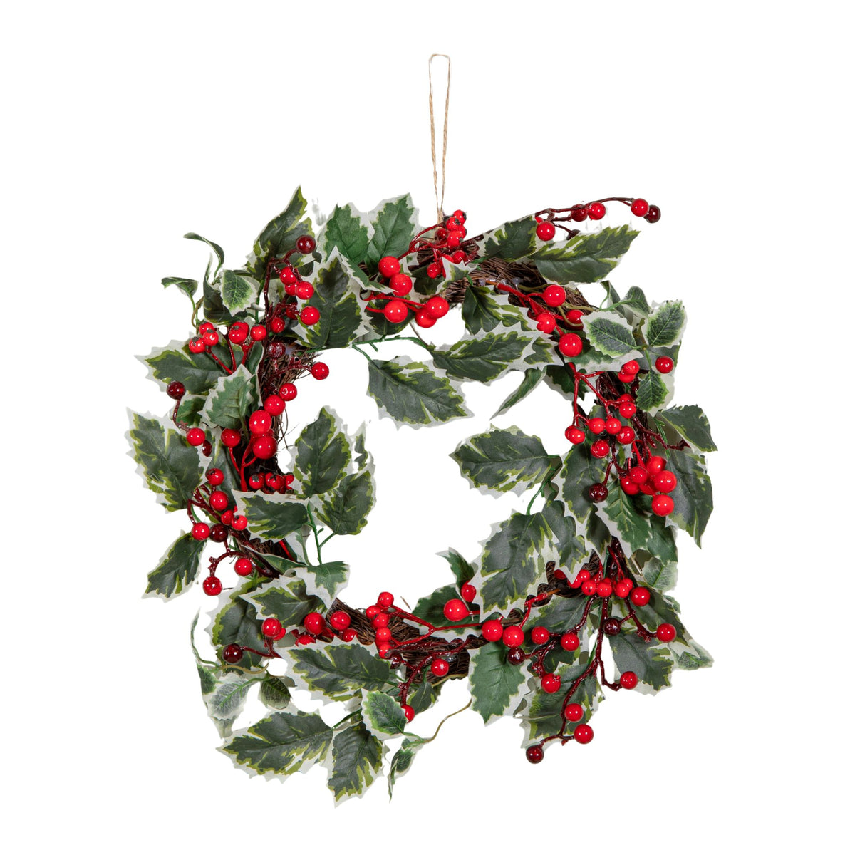 40cm Hanging Christmas Wreath with Red Berries and Holly Leaves
