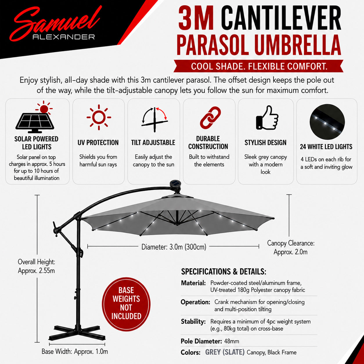 Samuel Alexander 3m Solar Powered Cantilever Lit Garden Parasol with Crank Handle & White LED Lights in Grey