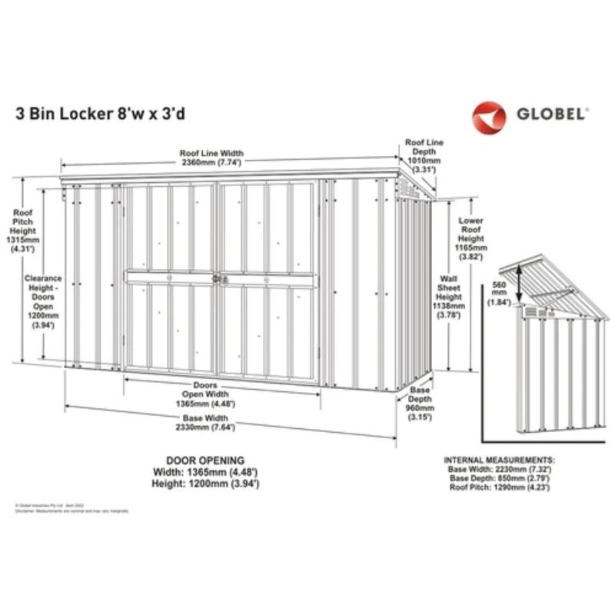 8x3ft Globel Garden Patio Triple Metal Bin Store in Grey
